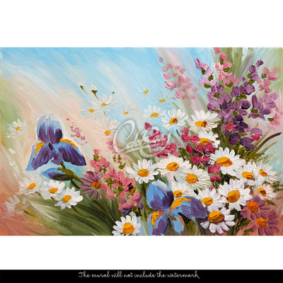 Fototapeta Nástěnná malba plná květin, malované slunce
