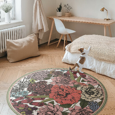 Kulatý vinylový koberec Pastelové květiny na louce vintage