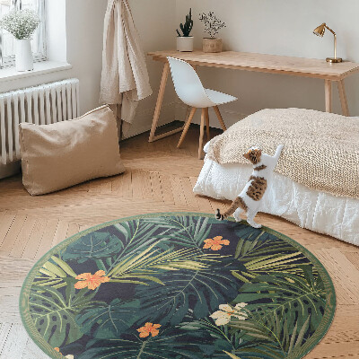 Kulatý vinylový koberec Tropická vegetace listy a květiny vintage