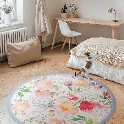 Kulatý vinylový koberec Akvarelové květiny jemné rostliny