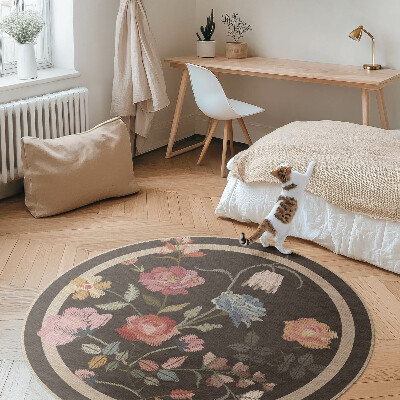 Kulatý vinylový koberec Vyšívané barevné květiny