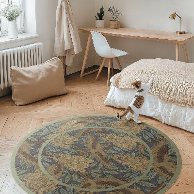 Kulatý vinylový koberec Ptáci, květiny a listy vintage
