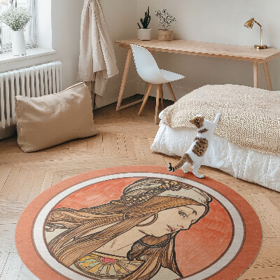 Kulatý vinylový koberec Žena z vitráže Alfonsa Muchy