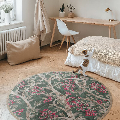 Kulatý vinylový koberec Větve s listy a květinami vintage