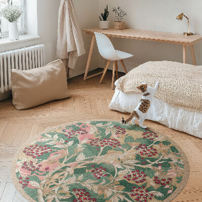 Kulatý vinylový koberec Grafika vegetace vintage květiny a listy