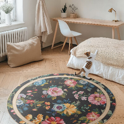 Kulatý vinylový koberec Bohaté barevné květiny polní louka vintage