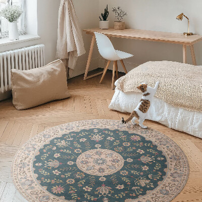 Kulatý vinylový koberec Ornament s květinami a listy vzor vintage