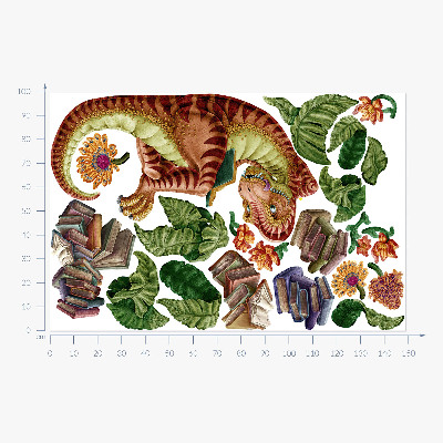 Nálepka na zeď 100x149 Červený dinosaurus s kresbami a vegetací