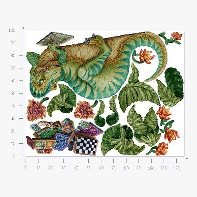 Nálepka 100x127 Dinosaurus v kresleném stylu s listy a květy