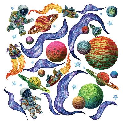 Samolepka 100x155 Raketové cestování vesmírem s astronauty a planetami