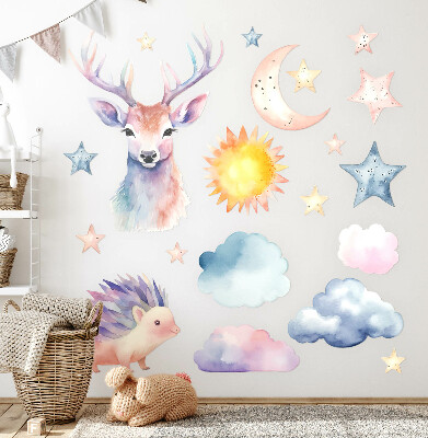 Samolepka na zeď 100x110 Pastelové akvarel zvířata a obloha