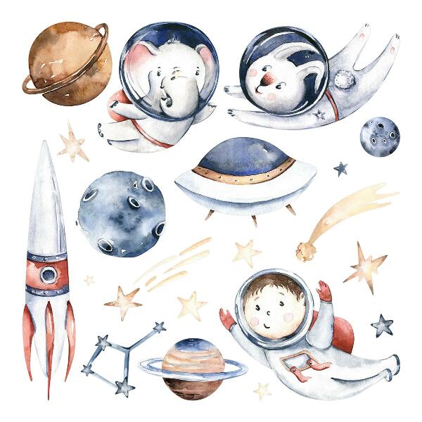Samolepka 100x172 Malí astronauti v pastelovém prostoru