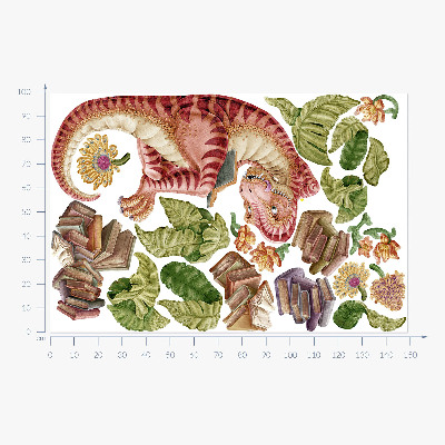 Nálepka na zeď 100x149 Červený dinosaurus s kresbami a květinami