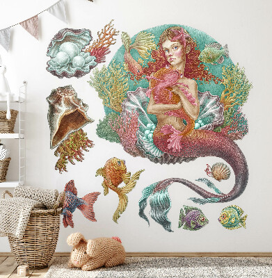 Nálepka na zeď 130x129 Mořská panna v kresleném stylu s podvodními mušlemi