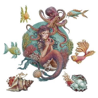 Samolepka 130x145 Mořská panna z mušlí v kresleném stylu