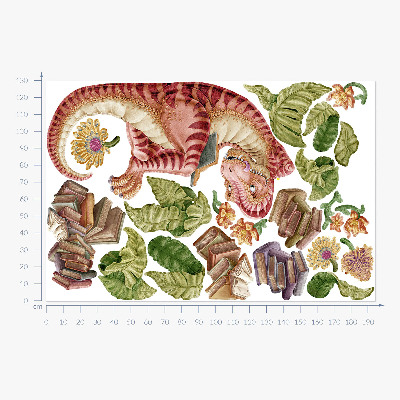 Nálepka na zeď 130x194 Červený dinosaurus s kresbami a květinami