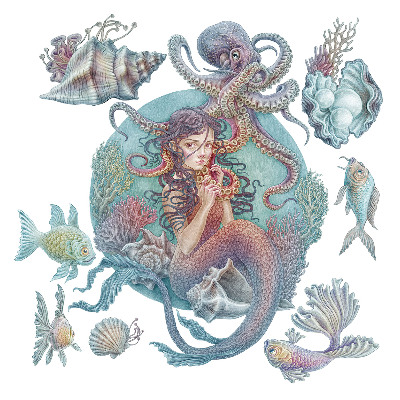 Samolepka 130x145 Mořská panna v pastelovém kresleném stylu