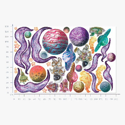 Nálepka na zeď 130x200 Vesmírná dobrodružství raket a planet v pastelových barvách
