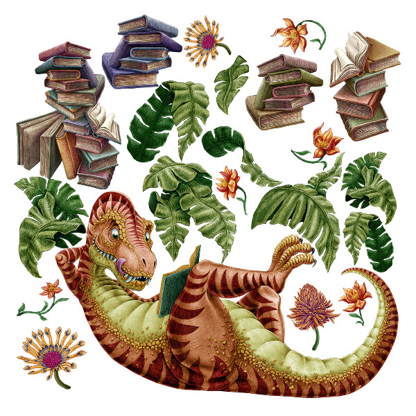 Nálepka 60x76 Červený dinosaurus s kresbami a vegetací