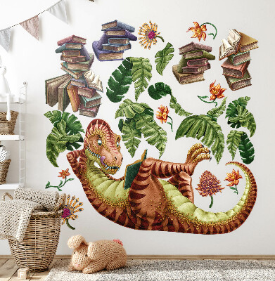 Nálepka 60x76 Červený dinosaurus s kresbami a vegetací