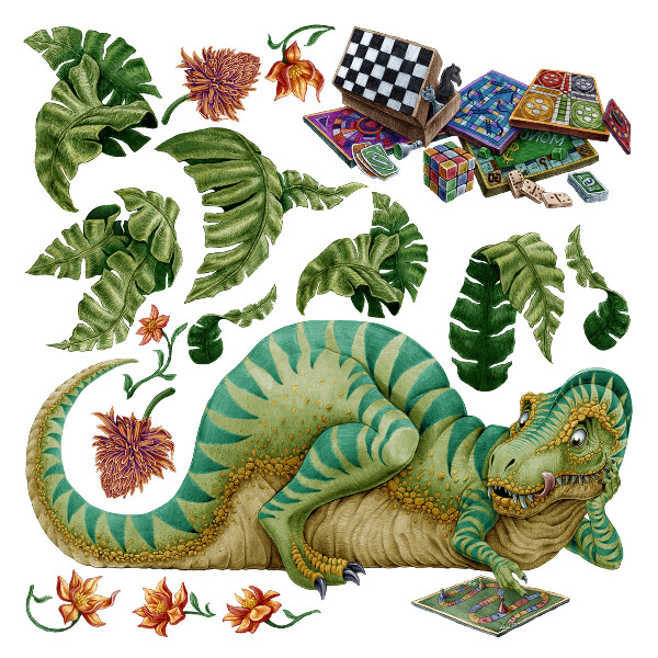 Samolepka 60x89 Dinosaurus v kresleném stylu s listy a květy