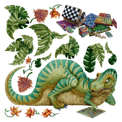 Samolepka 60x89 Dinosaurus v kresleném stylu s listy a květy