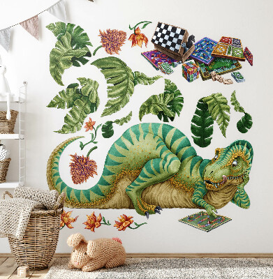 Samolepka 60x89 Dinosaurus v kresleném stylu s listy a květy