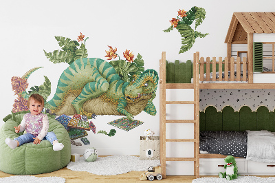 Samolepka 60x89 Dinosaurus v kresleném stylu s listy a květy