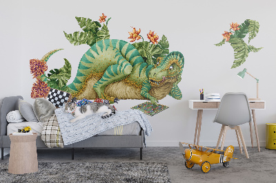 Samolepka 60x89 Dinosaurus v kresleném stylu s listy a květy
