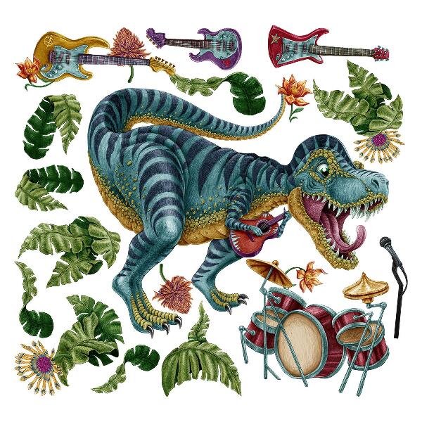 Samolepka na zeď 60x90 Hudební kreslený dinosaurus s nástroji