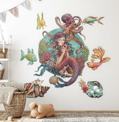 Samolepka na zeď 60x79 Mořská panna z mušlí v kresleném stylu