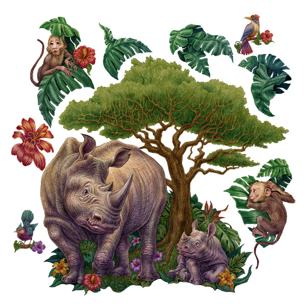 Nálepka 60x65 Divoká zvířata a safari vegetace v kresbách