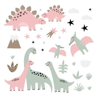 Nálepka na zeď 60x84 Dinosauři v pastelové džungli