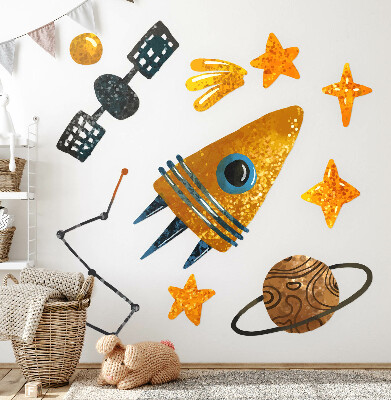 Samolepka na zeď 60x66 Raketové ilustrace planet a hvězd ve vesmíru