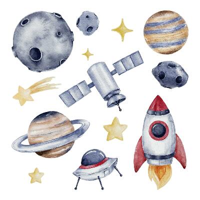 Nálepka na zeď 60x103 Pastelový prostor s planetami a raketou