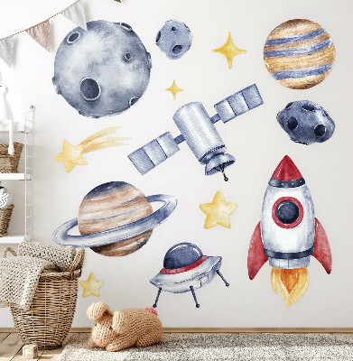 Nálepka na zeď 60x103 Pastelový prostor s planetami a raketou