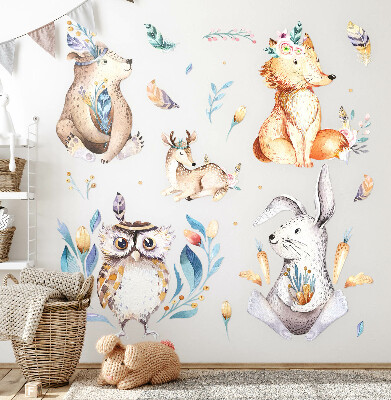 Samolepka na zeď 60x88 Lesní zvířátka v pastelech v boho stylu