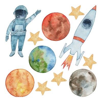 Nálepka na zeď 60x86 Vesmírné planety s astronautem a akvarelovou raketou