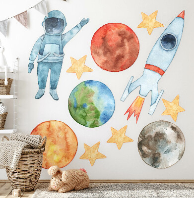 Nálepka na zeď 60x86 Vesmírné planety s astronautem a akvarelovou raketou