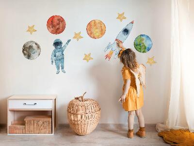 Nálepka na zeď 60x86 Vesmírné planety s astronautem a akvarelovou raketou