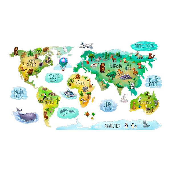 Nálepka 60x87 Barevná mapa světa s kontinenty a přírodou