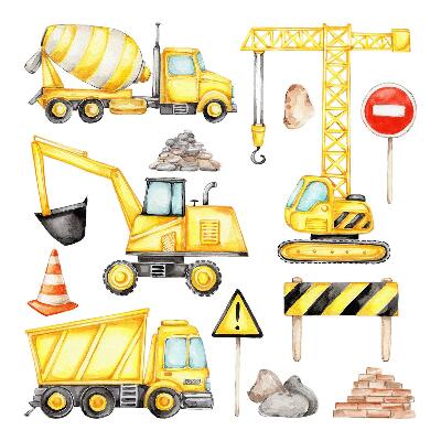 Nálepka 60x88 Konstrukce - stroje a vozidla v akvarelu