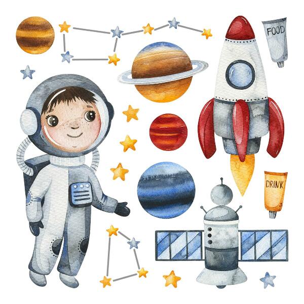 Nálepka na zeď 60x72 Vesmírná cesta malého astronauta v akvarelu