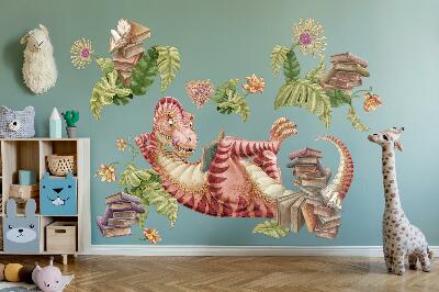 Nálepka 60x78 Červený dinosaurus s kresbami a květinami