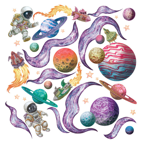 Nálepka 60x103 Vesmírná dobrodružství raket a planet v pastelových barvách