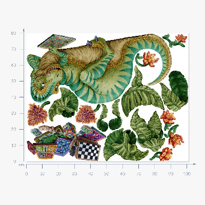 Nálepka 80x102 Dinosaurus v kresleném stylu s listy a květy