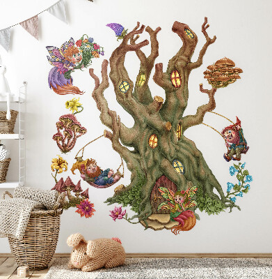 Nálepka na zeď 80x106 Lesní pohádkové bytosti a domeček na stromě
