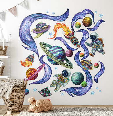Samolepka na zeď 80x120 Kosmické rakety astronautů v kresleném stylu
