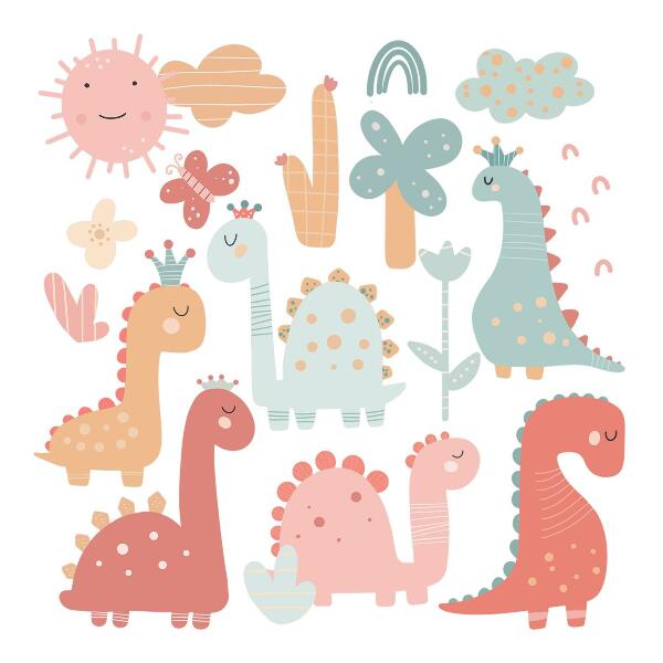 Samolepka 80x122 Pastelový svět dinosaurů v boho stylu