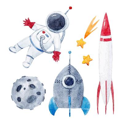 Samolepka na zeď 80x135 Vesmírný pastelový vzor s astronautem a raketami